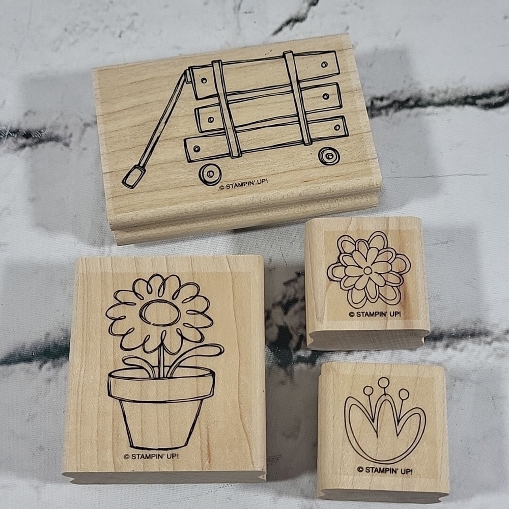 Stampin' Up! Rubber Stamps Lot Of 4 Spring Flowers‎ Wagon Wood Mounted Crafts